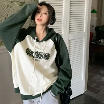 O Coreano Moda Hoodies Mulheres Em Camisolas Oversize Harajuku Patchwork Capuz Verde Streetwear Roupas Vintage Hippie