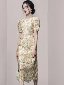 Alta Qualidade de Impressão Floral Vestido de Renda para Mulheres Elegantes Vintage Gancho Flor Ocos Slim Bodycon Vestido Lápis