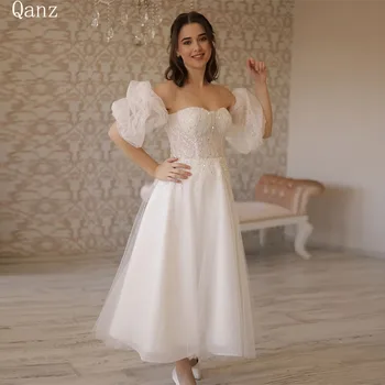 Qanz Elegante Glitter Vestidos De Casamento Para A Mulher De Tule Puff Mangas Princesa Vestido De Festa De Casamento Vestido De Noiva Boda Civil 2024