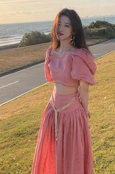 Mulheres Off Ombro Crop Top e Saia de Conjunto, cor-de-Rosa Vestido de Praia, Verão, 2024