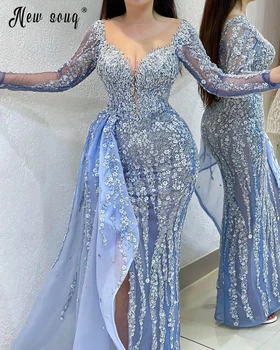 Elegante Azul Profundo Decote Em V Manga Longa Beading Vestido De Noite Vestidos De Noche De Luxo Do Vestido Da Celebridade Dubai Vestido Da Ocasião Especial