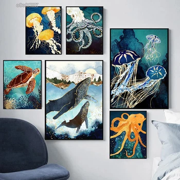 Resumo do Oceano Animais de Lona Pintura Metálica Vida Marinha Baleia água-viva Polvo Cartazes de Parede Imagens de Arte para a Sala de