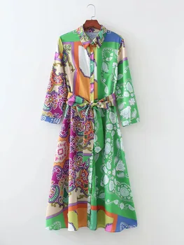 TRÁFICO de Mulheres Moda Pano de Retalhos Irregulares de Impressão de Folhas de Midi Camisa de Vestido das Senhoras Único Breasted Uma Linha de Vestido de Quimono