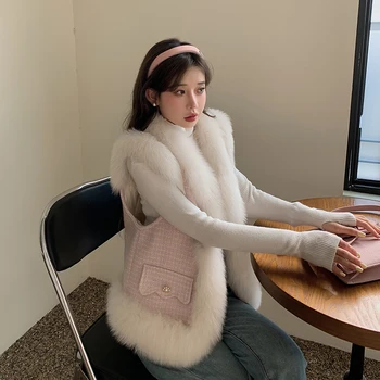 Estilo coreano sweety mulheres verificado colete de lã natural, genuína fox fur collar do sexo feminino de pele gilet casacos de inverno feminino