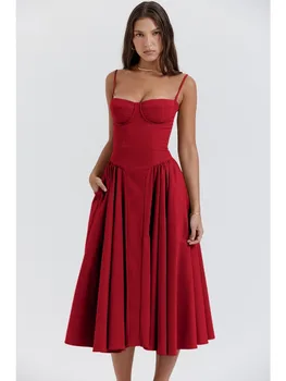 A Elegante Linha Vestido Midi Sexy Espaguete Fita Para O Laço Vermelho Da Festa De Vestidos De 2024 De Verão, Novo Vestidos Veste Roupas Da Moda