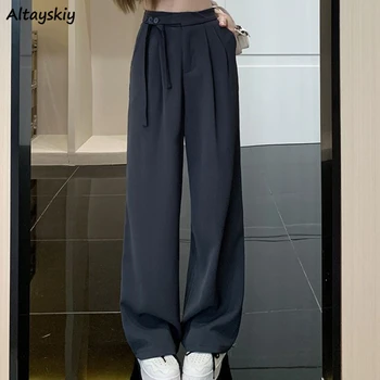 Casual Calças para Mulheres Nova Moda Primavera Outono Feminino Longo Largas Calças de Cintura Ajustável Simples coreano Sólido Bolso Lace-up Ins