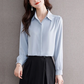 2023 Moda Simples Botões Ocultos Mulheres Blusas Vintage Korrean OL Estilo Office Lady Trabalho usam Camisas Mulheres Elegantes Tops de Cetim