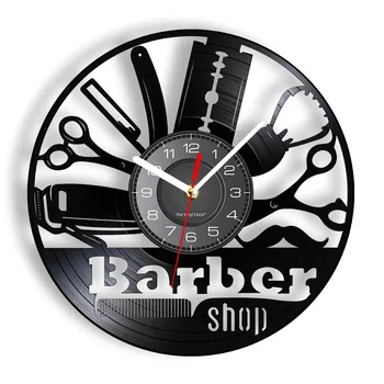 Barbeiro Logotipo Relógio De Parede Loja De Barbeiro A Decoração Da Parede Do Salão De Loja De Corte De Cabelo Disco De Vinil Relógio De Parede Grooming Cabeleireiro Cabeleireiro Relógio