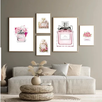 Cor-de-rosa Frasco de Perfume Impressões de Arte e posters , Perfume de Flor Arte de Parede de Moda, Imagens de Tela de Pintura Para Quarto Meninas Decoração Moderna