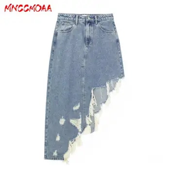 MNCCMOAA-Assimétrica Saia Jeans para as Mulheres, a Saia Midi, Cintura Alta, Y2K Saias, Moda Feminina Streetwear, Verão, 2024