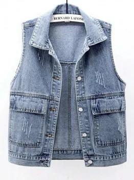 A primavera e o Verão Novo Colete Jeans feminina Curto Versão coreana Solto e Versátil Grande Bolso do Colete sem Mangas da Jaqueta Colete