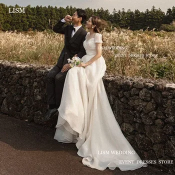 LISM Elegante Organza Vestidos de Casamento de V-Pescoço Curto Mangas Puff Longo de Uma Linha-Vestido de Noiva Para Mulheres coreanas Personalizado Vestido de sessão de Fotos