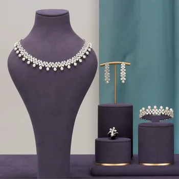 JÓIA de Luxo Cúbicos de Zircônia Colar, Bracelete, Brincos e Anel de 4pcs Dubai Completo Conjunto de Jóias Para as Mulheres,Vestido de Noiva Jantar