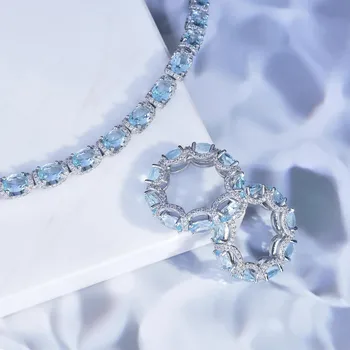 Micro Pavimentada Gelo Para Fora Conjunto De Jóias Artificial De Pedra Preciosa, Diamante Azul Do Mar Anel De Princesa Estilo De Renda Tesouro Pulseira Requintado Presente