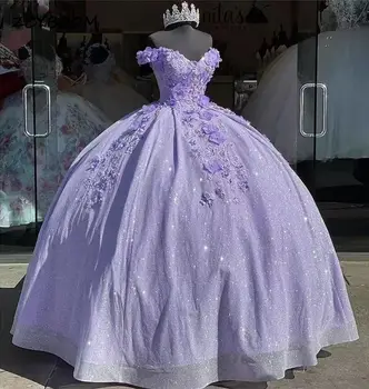 Brilhante Lantejoulas Fora Do Ombro Vestidos de Quinceanera 2023 Princesa Vestido de baile 3D Apliques Beading Mangas de Vestidos De 15 Anos