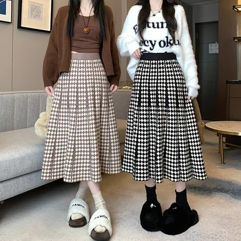 Malha meia saia estilo de colégio mulheres 2023 nova camisola de inverno cintura alta high-end temperamento xadrez da saia longa