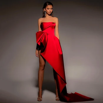 Thinyfull Sexy 2023 Vermelho Sereia Prom Vestidos Formais De Alta Baixa Strapless Em Cetim Noite De Festa Vestidos De Baile Tamanho Personalizado