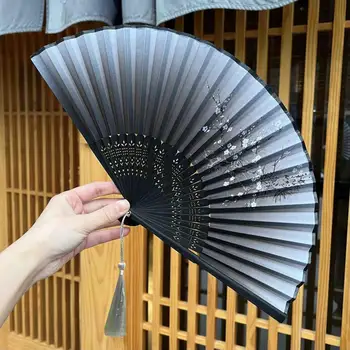 Tassel Decoração Fã de Usar Fã Requintado Padrão Floral Fã de Bambu Vintage Mão de Fã para Uso de Desempenho Decoração Senhora de Dança Chinesa