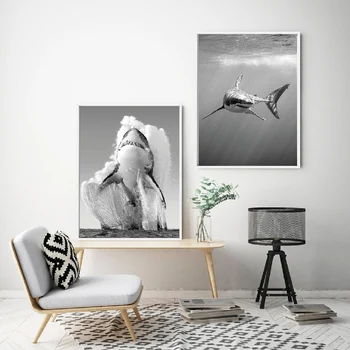 O grande Tubarão Branco, Preto Branco Pôsteres e Impressões Monocromáticas Natureza, Arte de Parede de Lona Pintura de Imagens para a Sala de Decoração de Casa