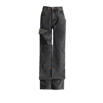 Desgastado Perna Reta Calças 2024 Moda Novo Nicho de Design Com Patchwork Botão de Cintura Alta Jeans De Moda feminina