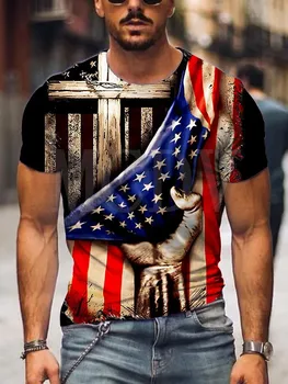 2023 Verão de Homens Impresso Casual Gola Manga Curta T-Shirt A Bandeira Americana do Dia da Independência da Cruz 3D Impresso T-Shirt