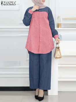 ZANZEA Muçulmano Moda pares de Luva Cheia de Lapela Blusa Ampla Perna da Calça do Terno Vintage Verificado Impresso Conjuntos de Fatos de treino em Dubai
