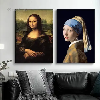 Retro mundialmente Famosa Pintura de Retrato de Arte de Parede Imagem de Mona Lisa, de Lona da Pintura a Menina com Brincos de Pérola Cartaz Decoração Mural