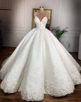 Vintage Vestidos de Casamento do Laço 2024 Casamento 3D Flor Sexy Decote em V de Espaguete fita para o árabe de Dubai Vestidos de Noiva Plus Size
