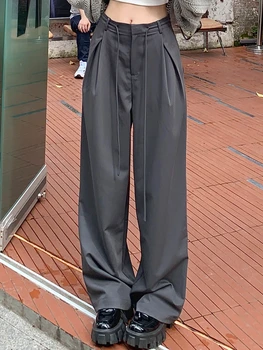 Elegante Casual Wide Leg Pants Mulheres Cinza Coreano Moda Largas Calças Compridas Femininas De Tiras Designer Vintage Calças 2023 Outono De Novo