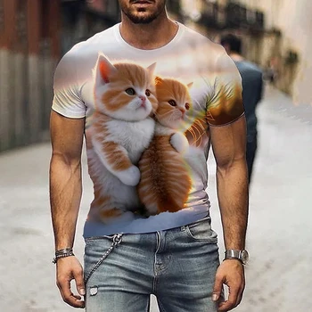 Animais T-shirt Casal de Impressão de Gato Tees de grandes dimensões de Manga Curta masculino Roupas de Verão Cusual Blusa O-pescoço Unissex Rua T-shirt Topo