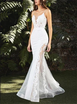 2024 Branco Elegante Sereia Vestido De Casamento Do Laço De Tule De Ver Através De Sem Encosto Vestido De Noiva Plissado Vestíbulo De Noiva