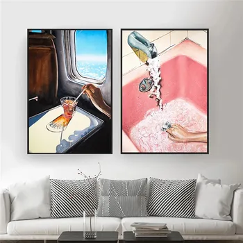 Vidro em Avião de Arte de Impressão Retro Meados do Século Mad Men Pintura Poster Vintage cor-de-Rosa na Parede do Banheiro Imagem para Decoração de sala de estar