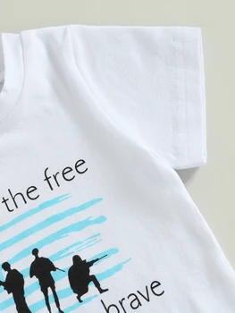 4 de julho de Bebê, Roupas EUA Letra de Contraste de Impressão Cor Gola Manga Curta Criança Bonito Camiseta e Shorts (Branco C