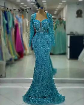 Elegante árabe Azul Formal Sereia Mangas compridas, Vestidos de Noite de Cristal Beading Elegante Vestidos para as Mulheres, Festa de Casamento Plus Size
