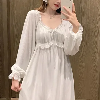 Longo Pedaço De Outono Estilo Elegante Branco De Um Pijama Camisola De Renda Coreano Manga Noite Womens Wear Babados Roupa De Dormir Em Casa Vestido De