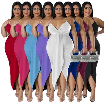 Tamanho Grande De Mulheres Irregular De Espaguete Vestido De Decote Em V Sem Mangas De Babados Sólido Boate Bodycon Vestidos De 2023 Verão