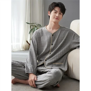 Pijama Cavalheiro de Primavera e Outono, 100% Algodão Manga Longa Cardigan Pode Ser Usado Fora de Loungewear Homens Plus Size pijama