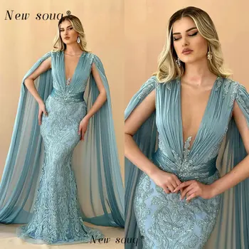 2023 Azul Lindo Ilusão V Profundo Decote Plissado Sereia Vestidos de Noite com Cabo árabe Formal Vestidos de Casamento de Hóspedes Desgaste Vestes