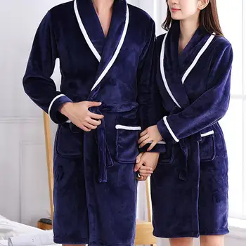 Confortável Roupão Solto Mangas compridas Casaquinho de Casa Vestir Pijamas Quentes de Outono Inverno de Flanela Longa Camisola para Homens Mulheres