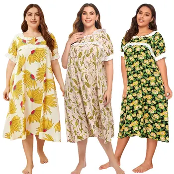 Sleepshirts Verão Plus Size Camisolas para Senhoras Homewear Pijama Impresso Laço de Costura de Manga Curta Casa Nightdress para as Mulheres