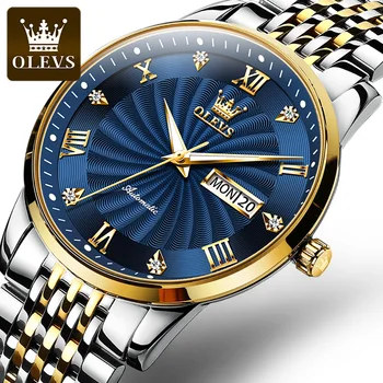 OLEVS Homens de Negócio de relógios Mecânicos de Aço Inoxidável, Impermeável Luminosa Data da Semana de Moda Blue Mens Relógios Relógio Masculino