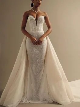 Requintado Sereia Vestidos de Noiva sem Mangas, Decote em V Lantejoulas 3D Laço Miçangas Apliques Destacável Trem de Luxo Zíper Vestidos de Noiva