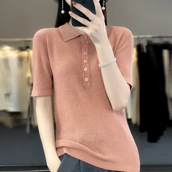 Verão nova mulher de lãs de 100% T-shirt de manga curta camisola de gola Pólo pulôver T-shirt da moda casual top de malha