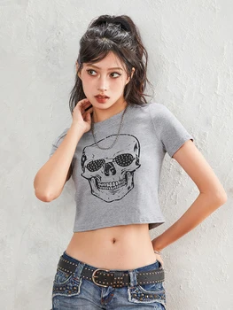 Mulheres T-shirt Gola Manga Curta Crânio de Impressão de Ajuste Fino de Verão Tops Streetwear