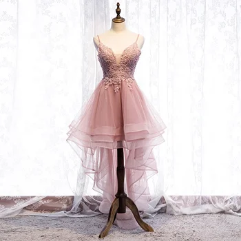 Uma linha-V-pescoço-de-rosa curto de tule bordado a mao lantejoulas beaded vestido de princesa especial ocasião formal do evento roupas