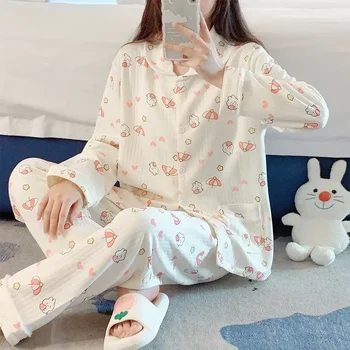 Algodão Manga Do Pijama Pijamas De Inverno Solta Feminino Fato Longo Oversize Roupas De Impressão Kawaii Casa
