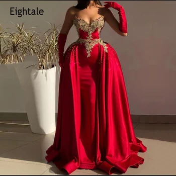 Eightale Vermelho vestido de festa com Saia Destacável Apliques Cetim Sereia Vestido de Festa Gorgerous árabe Vestido de Noite abendkleider