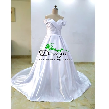 Imagens reais de Cetim Branco Plissado vestido de casamento de Luxo Vestido de baile Tribunal de Trem Custom-Made vestido para festa de casamento
