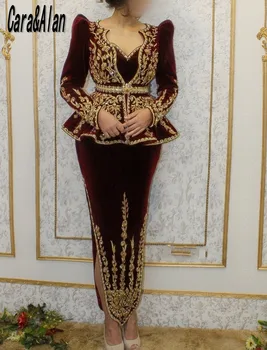 Formal Borgonha Vestidos Com Jaqueta De Veludo Renda Applique Beading Árabe Sereia Vestidos De Baile Para As Mulheres O Desgaste Do Partido