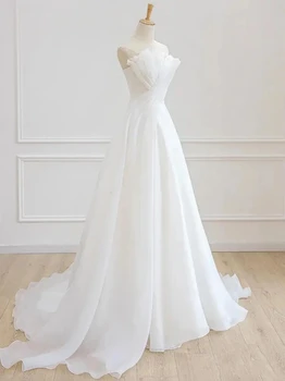 Luxo Cetim Chiffon Strapless Casamento à Direita de Vestidos de Noiva Elegante Longa Noite de Baile de Hóspedes Festa Vestidos De Noiva 2023